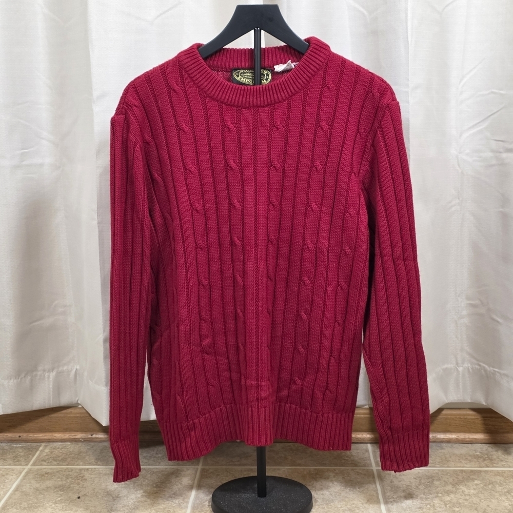 Vintage Cable Knit Sweater Red | Men’s 38/40 Preppy Crewneck Pullover